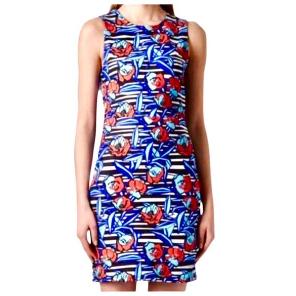 TOPSHOP Dress Floral Mini Sleeveless High Neck Scuba Stripe Blue Pink Black 6 - Picture 1 of 8